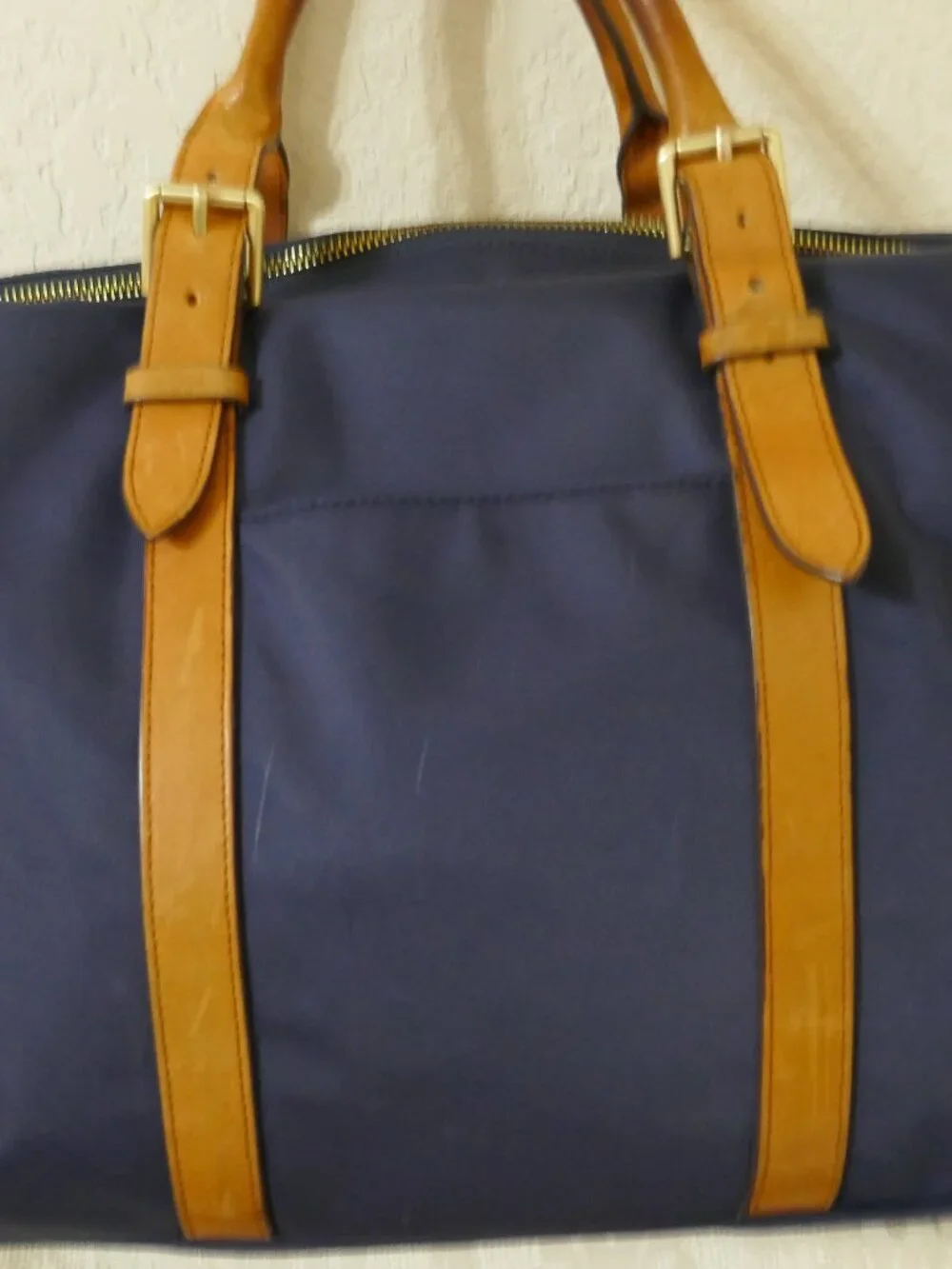 STUART O LAU The Cary Blue Nylon Briefcase Tan Leather Trim Laptop Bag